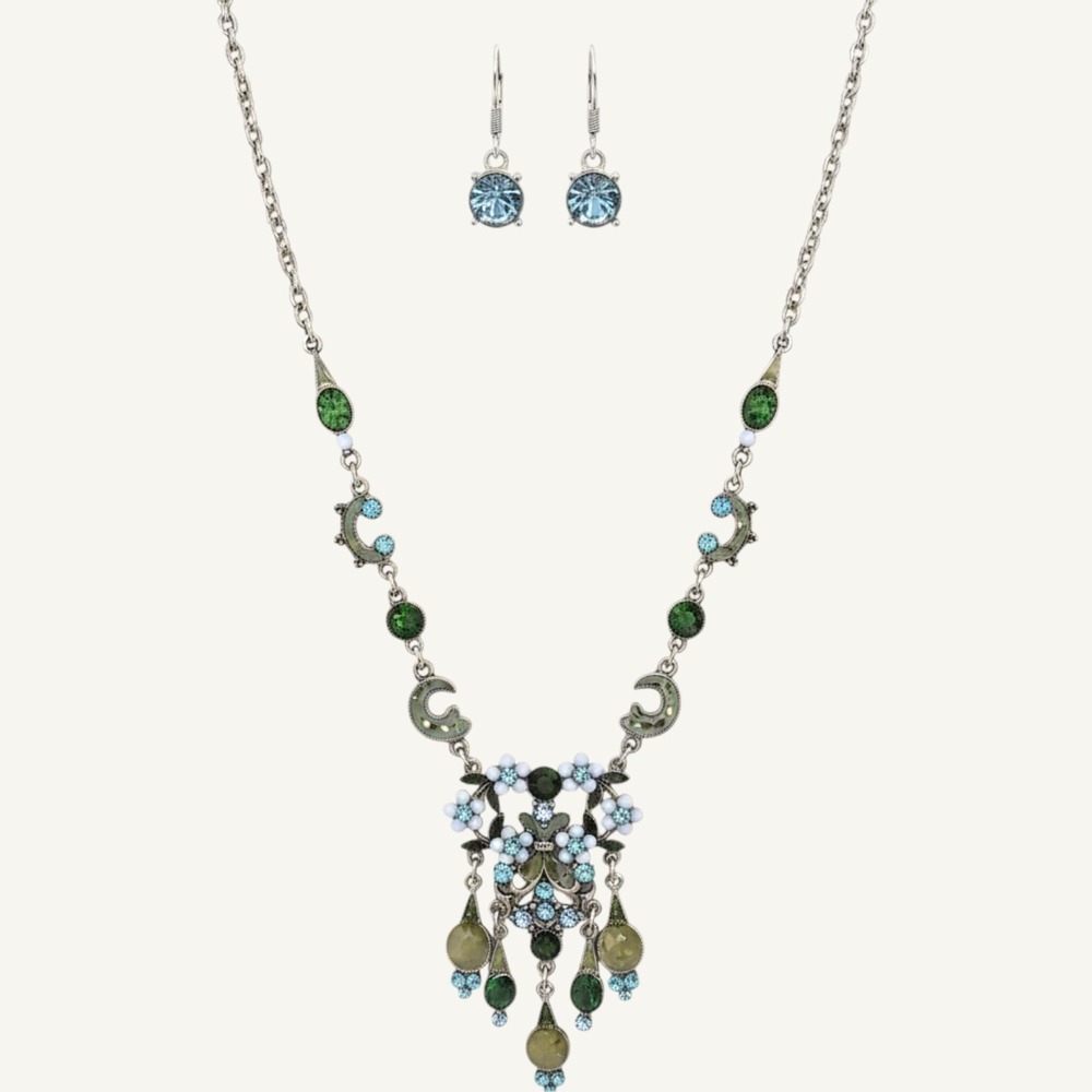 Vintage Style Chandelier Bib Necklace Earrings Set Blue Green Rhinestone Floral